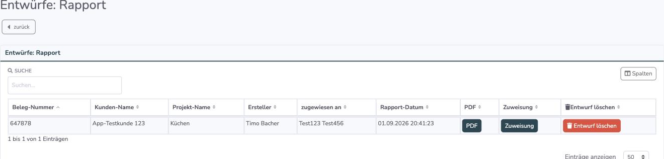 Entwürfe-Übersicht mit Spalte zugewiesen an und den Buttons Zuweisung und Entwurf löschen