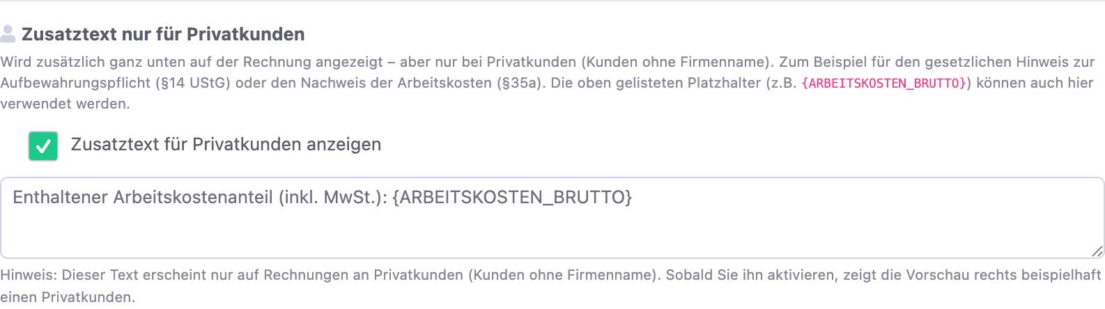 Bereich Zusatztext nur für Privatkunden mit aktiviertem Schalter und dem Beispieltext Enthaltener Arbeitskostenanteil
