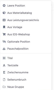 Positions-Menü im Angebots-Editor mit dem Eintrag „Aus IDS-Webshop