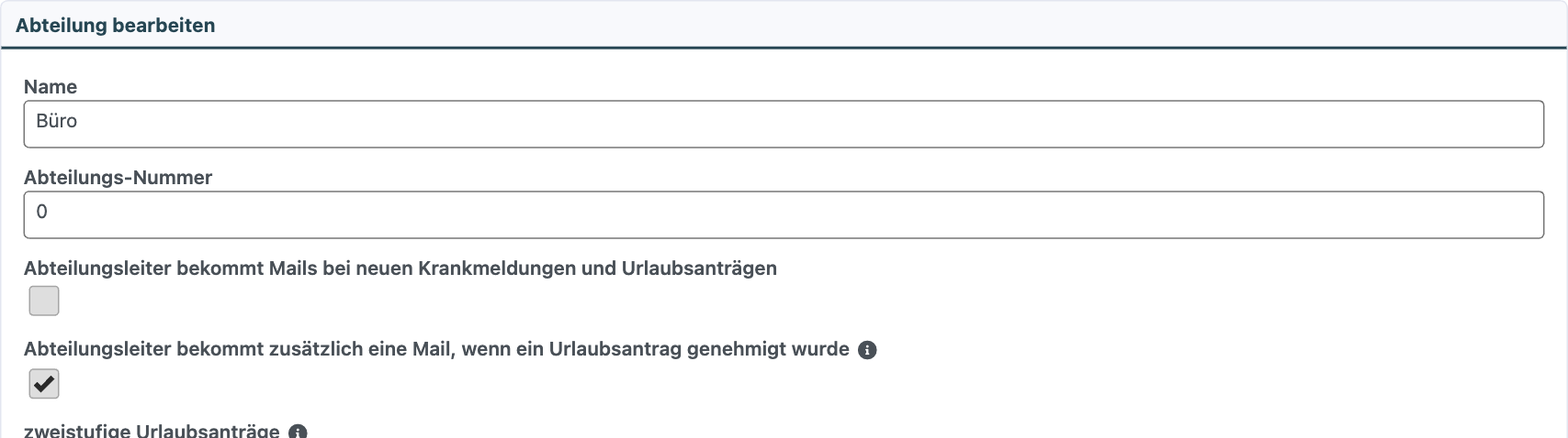 Abteilungs-Bearbeitungsseite mit aktiviertem Kontrollkästchen für die Genehmigungs-Benachrichtigung an Abteilungsleiter