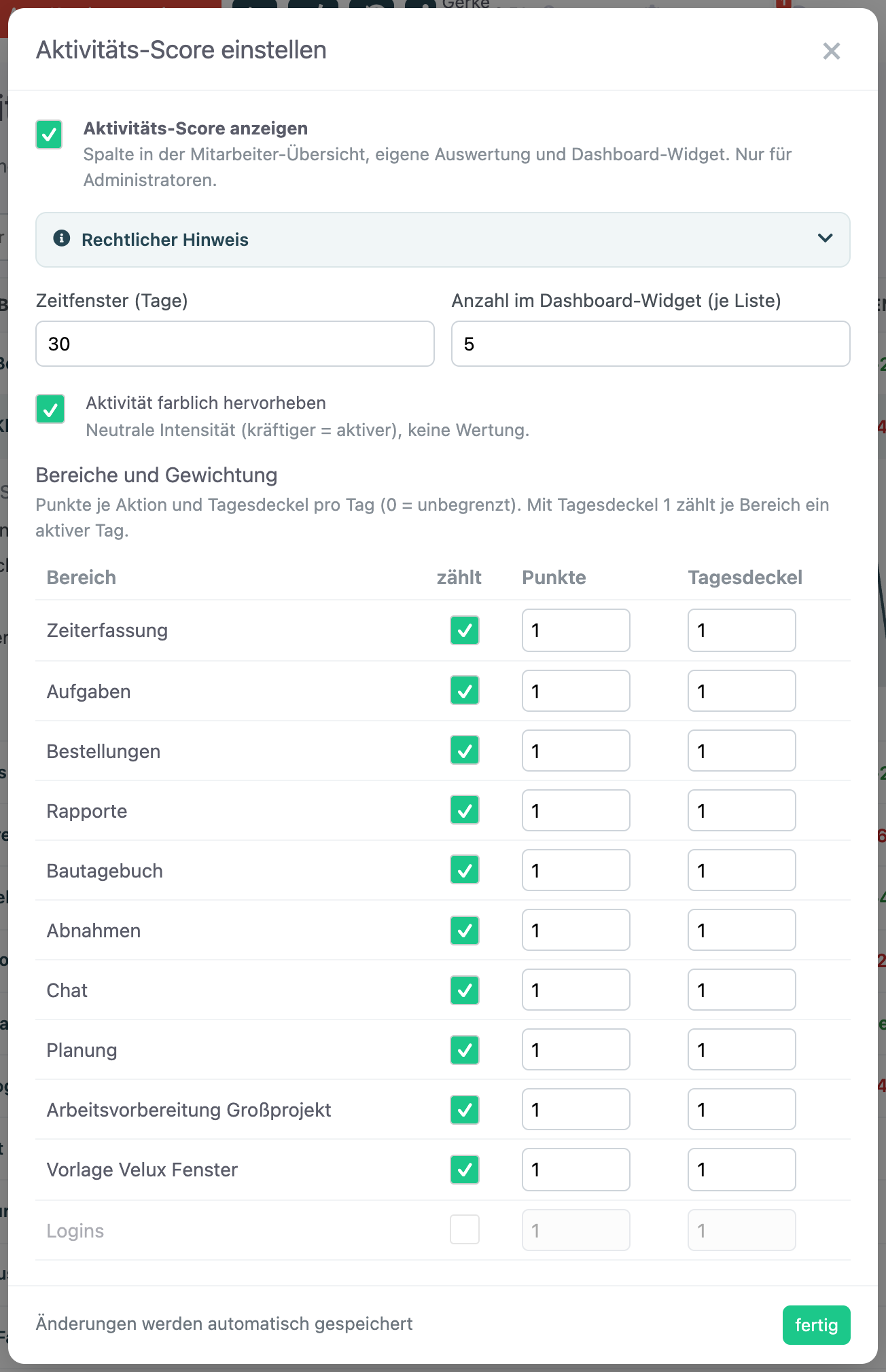 Fenster Aktivitäts-Score einstellen mit Zeitfenster, Widget-Anzahl, Farb-Schalter und der Tabelle Bereiche und Gewichtung mit Spalten Bereich, zählt, Punkte und Tagesdeckel