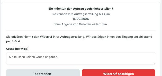 Zweiter Schritt mit freiwilligem Grundfeld und den Buttons 'abbrechen' und 'Widerruf bestätigen'