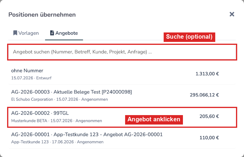 Fenster „Positionen übernehmen“ mit Suchfeld und der Liste der letzten Angebote
