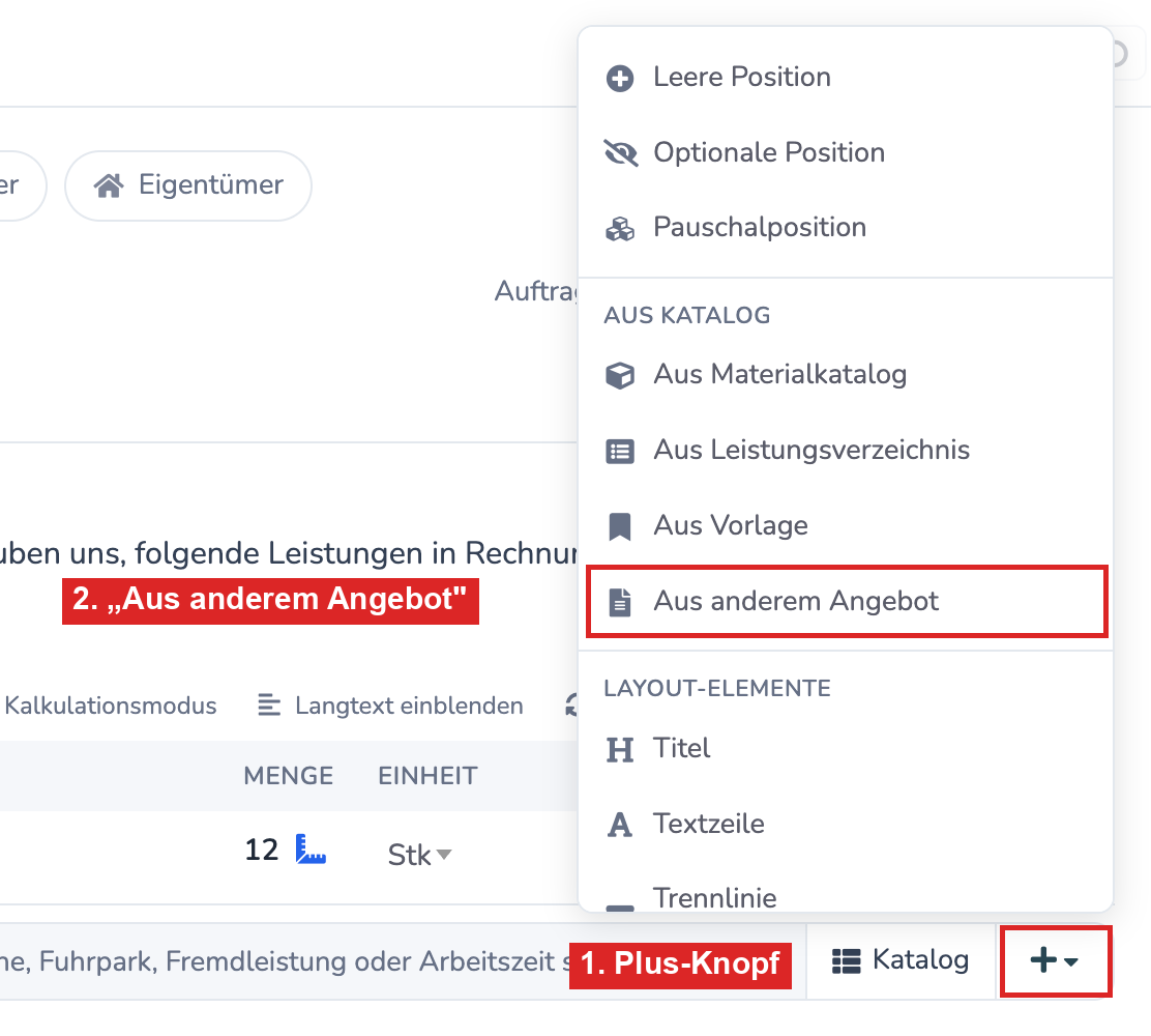 Geöffnetes Plus-Menü unter den Positionen mit dem Eintrag „Aus anderem Angebot“