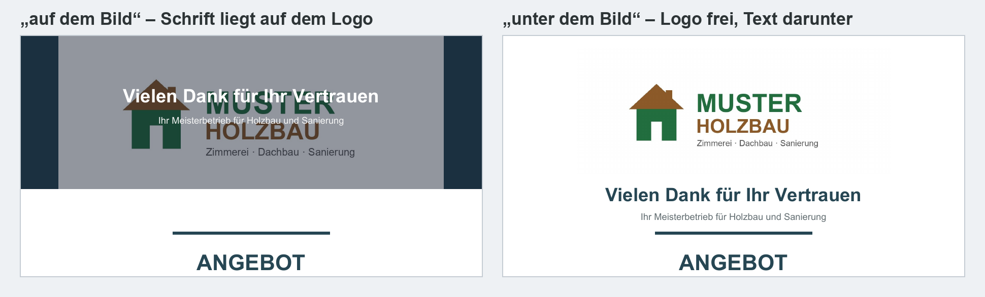 Deckblatt eines Angebots im Vergleich: links die Schrift auf dem Logo, rechts das Logo frei und die Schrift darunter