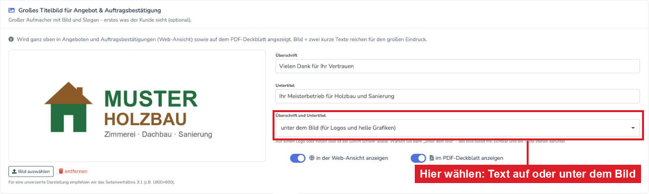 Karte Großes Titelbild mit dem Feld Überschrift und Untertitel, eingestellt auf unter dem Bild