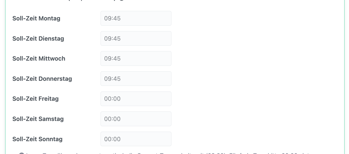 Arbeitszeitmodell mit freiem Freitag: Montag bis Donnerstag 09:45, Freitag 00:00