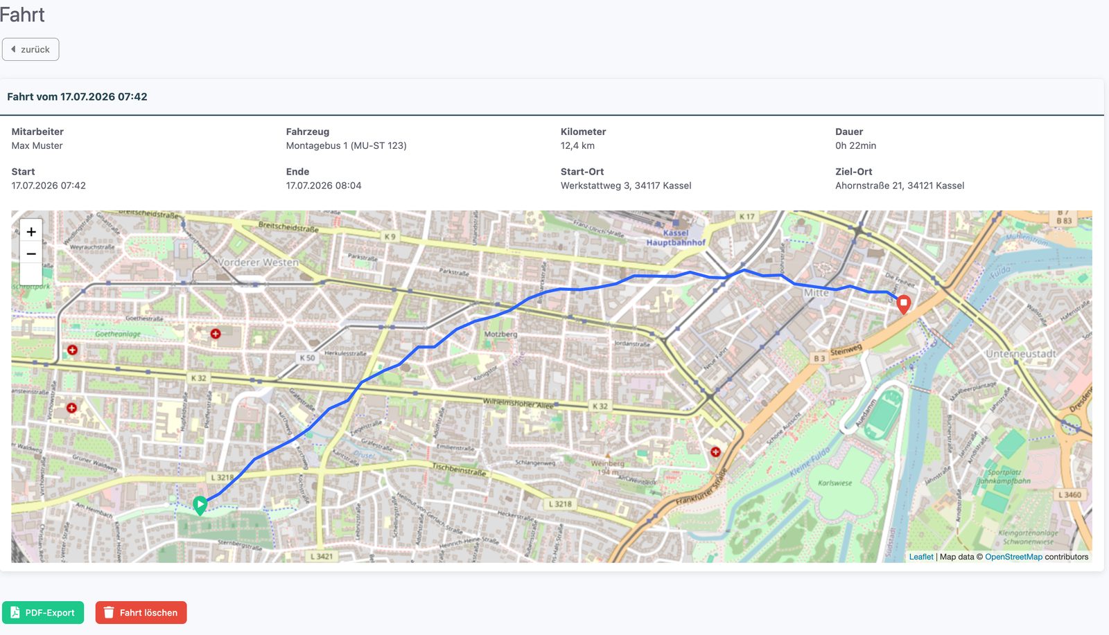 Detailansicht einer Fahrt mit Streckenkarte