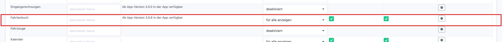 Schalter Fahrtenbuch unter Standards, App-Funktionen