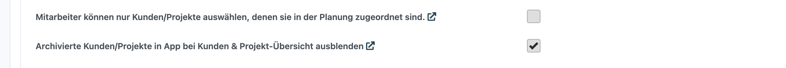 Einstellungen, Reiter Kunden & Projekte, mit dem aktivierten Schalter Kunden-Chat bei abgeschlossenen (archivierten) Projekten aktiv lassen