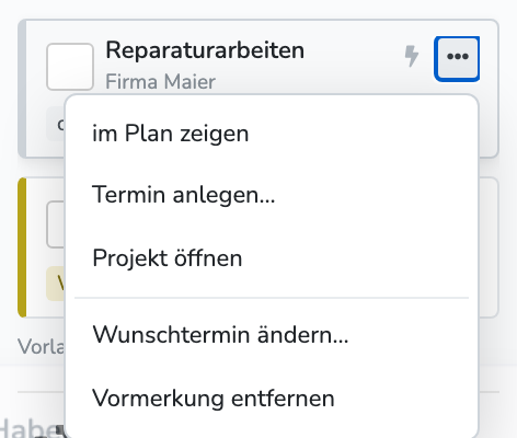 Menü einer vorgemerkten Kachel mit „Wunschtermin ändern…“ und „Vormerkung entfernen“