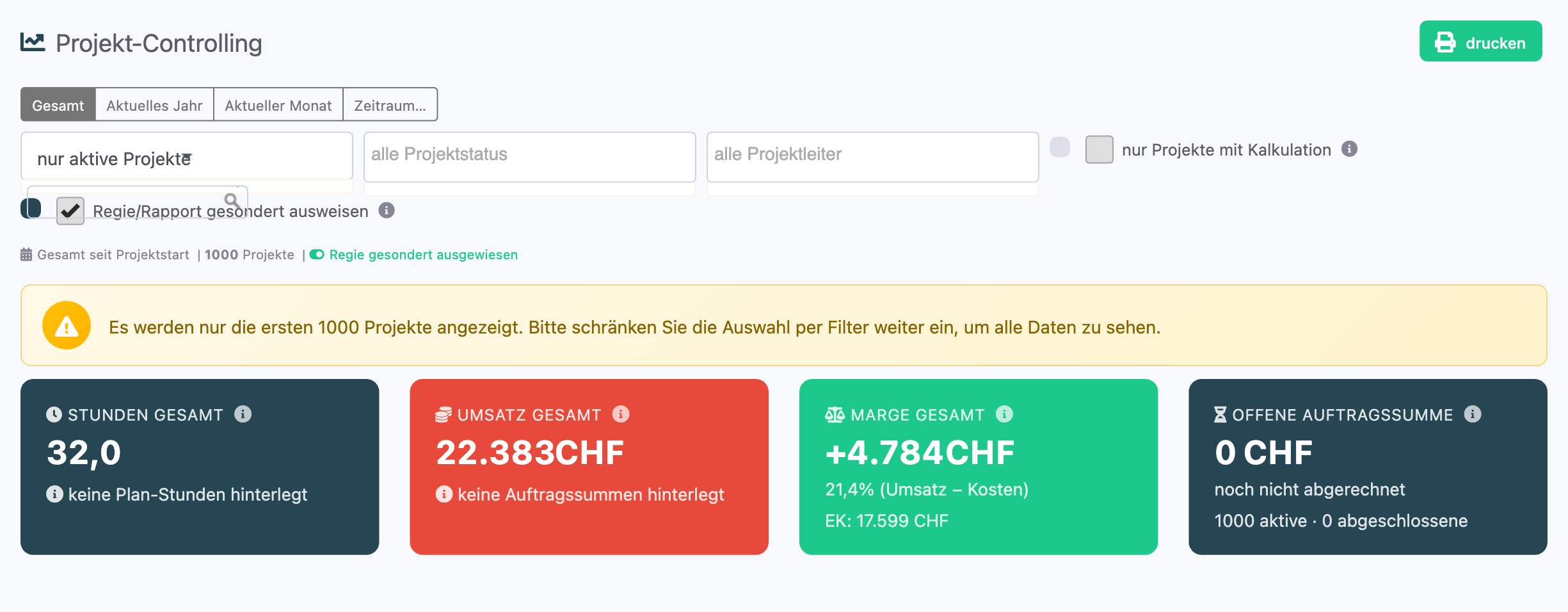 Projekt-Controlling mit aktivierter Checkbox Regie/Rapport gesondert ausweisen und bereinigten Gesamtwerten