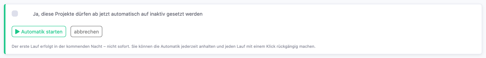 Bestätigungs-Karte am Ende der Vorschau mit Häkchen und dem Button Automatik starten