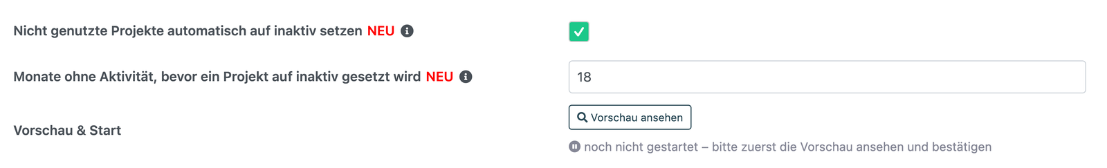 Einstellungen, Reiter Kunden und Projekte, mit dem Schalter für das automatische Aufräumen, dem Monatsfeld und dem Button Vorschau ansehen