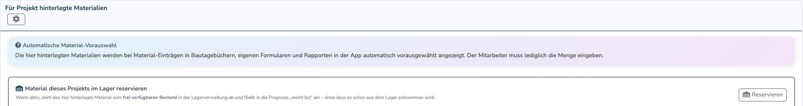 Karte Für Projekt hinterlegte Materialien mit dem Zahnrad-Symbol