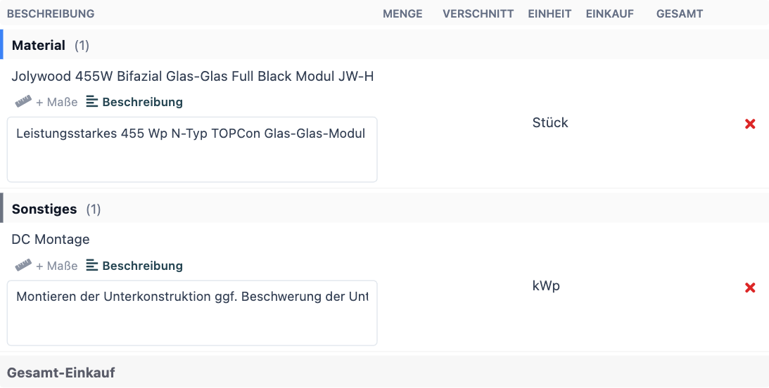 Aufgeklappte Stückliste mit einer Komponente, deren Beschreibungsfeld automatisch aus dem Artikelstamm befüllt wurde