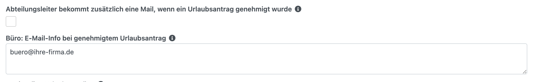 Abteilung bearbeiten mit dem Feld Büro: E-Mail-Info bei genehmigtem Urlaubsantrag