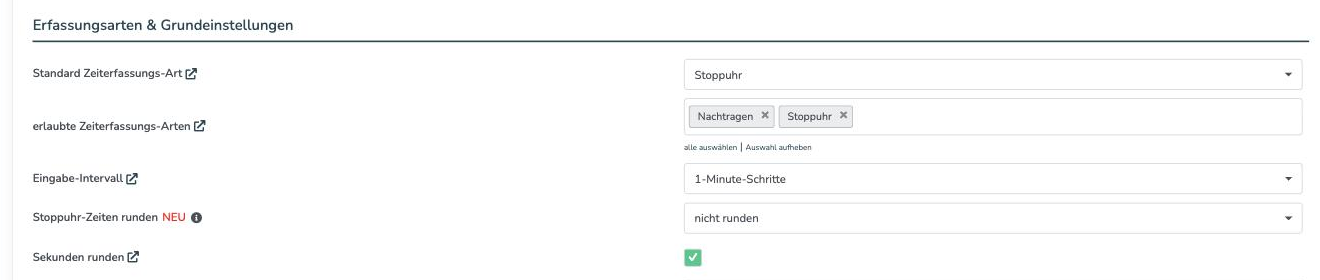 Einstellungen, Reiter Zeiterfassung: das Auswahlfeld Stoppuhr-Zeiten runden unter dem Eingabe-Intervall
