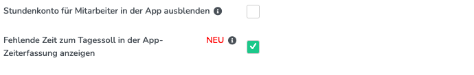 Einstellung Fehlende Zeit zum Tagessoll in der App-Zeiterfassung anzeigen im Reiter Zeiterfassung