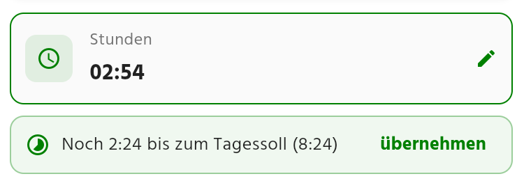 Hinweiszeile in der Stundeneingabe: Noch 2:24 bis zum Tagessoll (8:24) mit dem Knopf übernehmen